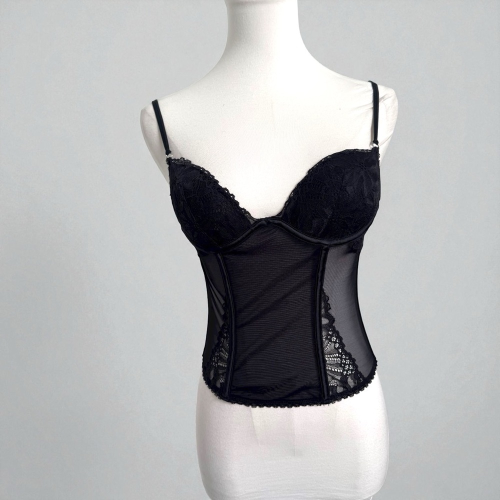 Vintage Noir Mesh Corset Top | Lace Bustier Camisole | Coquette Whimsigoth S